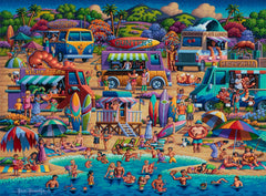 Buffalo Games Dowdle Shrimp Trucks puzzle cover showcases vibrant Hawaii roadside art for a challenging session.