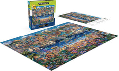 Buffalo Games Dowdle World Pieces assembly on table with vibrant artwork visible