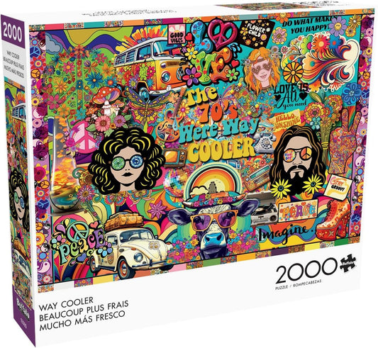 Buffalo Games Way Cooler puzzle box art with vibrant retro design for engaging puzzling sessions.