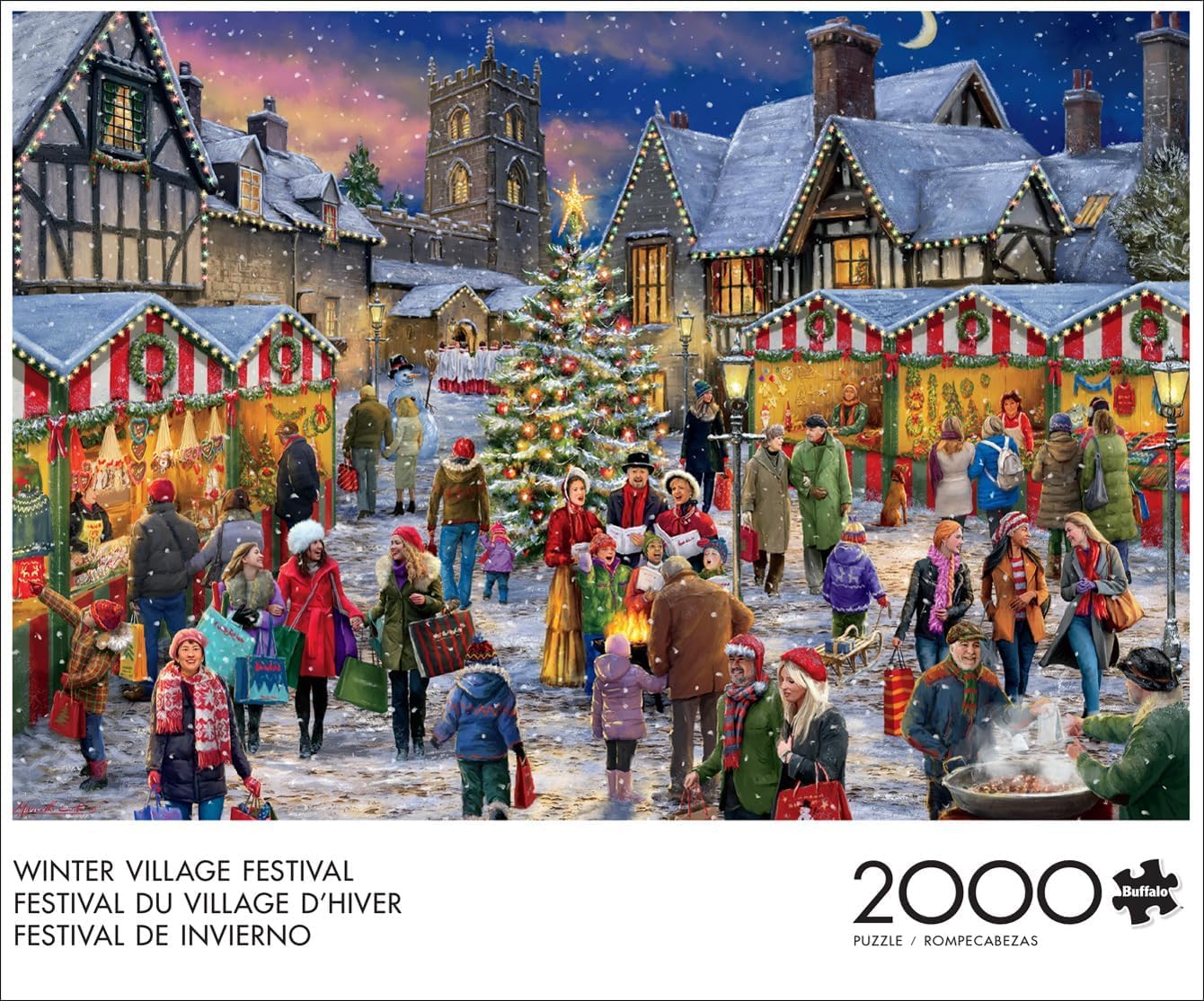 Buffalo Games festive street with holiday shoppers, vibrant colors for a relaxing puzzling session.
