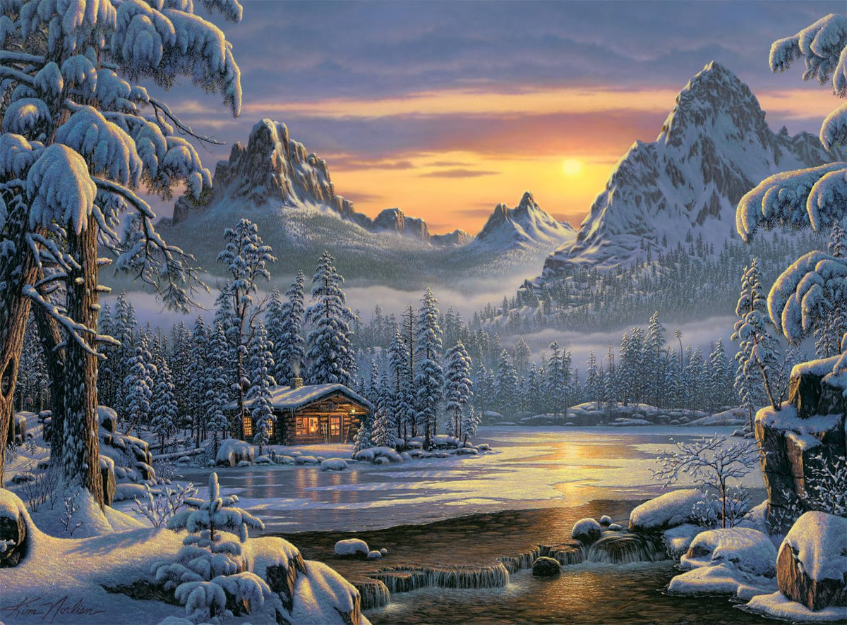 Buffalo Games Kim Norlien Evening on Mountain Lake puzzle cover, winter scene for cozy evenings