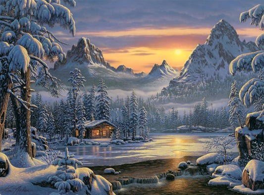 Buffalo Games Kim Norlien Evening on Mountain Lake puzzle cover, winter scene for cozy evenings
