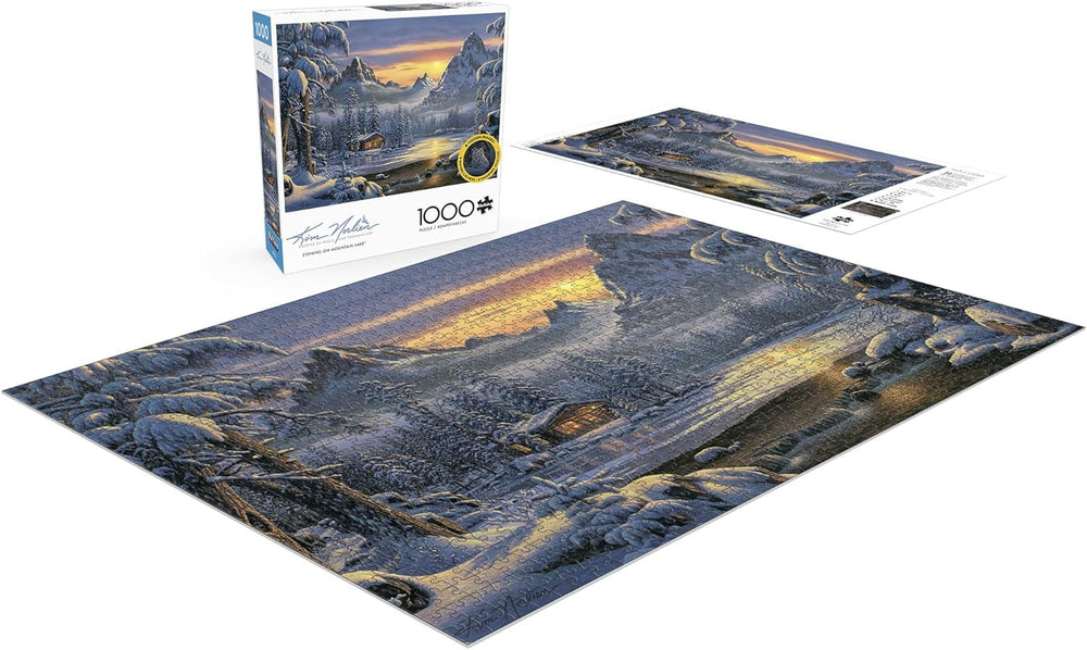 Buffalo Games Kim Norlien puzzle showing tall evergreens for mindful puzzling