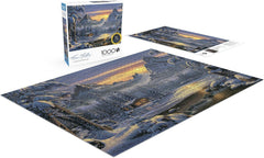 Buffalo Games Kim Norlien puzzle showing tall evergreens for mindful puzzling