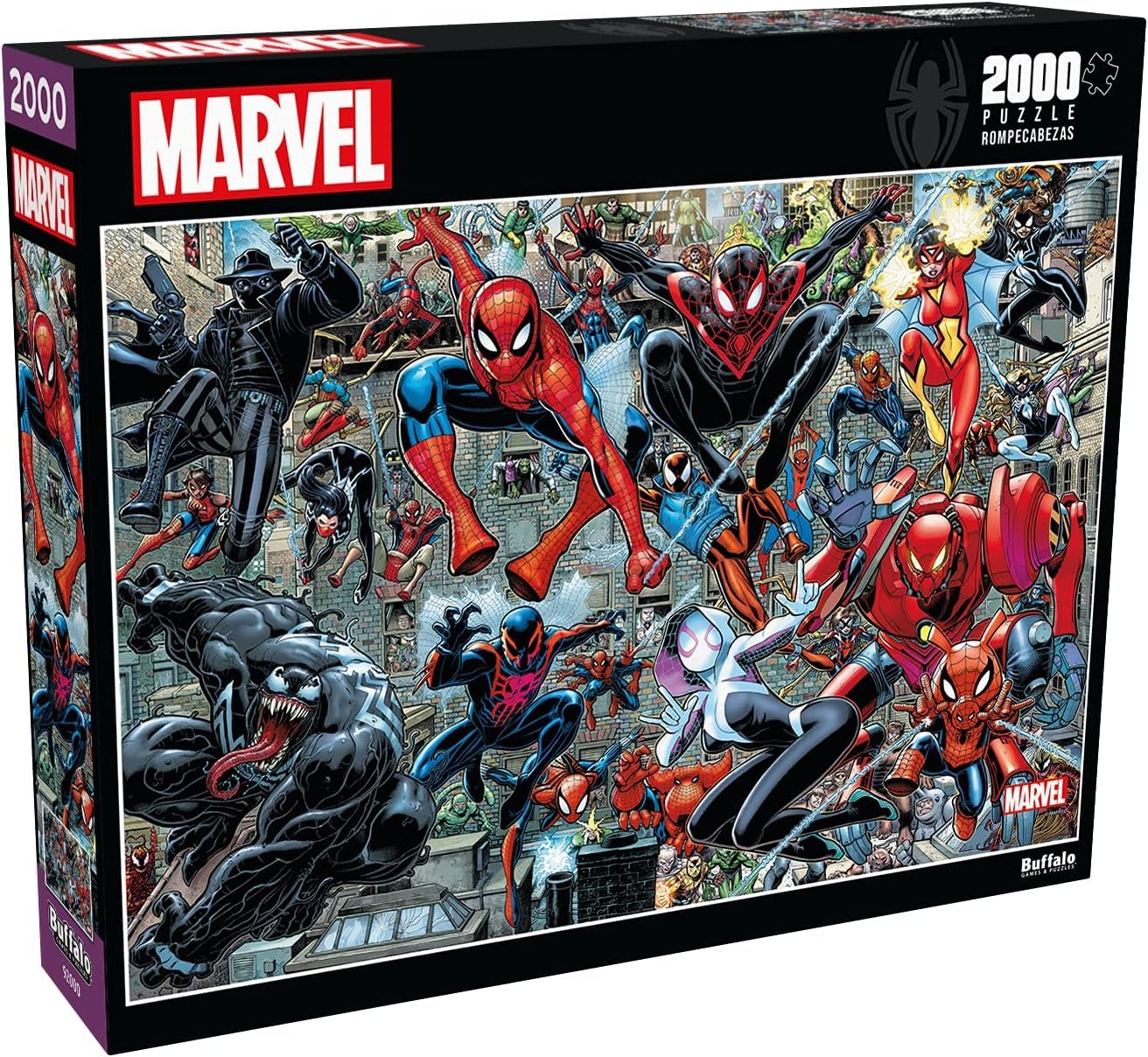 Buffalo Games Spider-Verse 2000-piece puzzle cover scene for immersive game night.