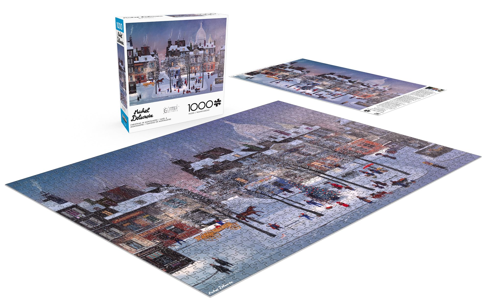 Buffalo Games Michel Delacroix Christmas in Montmartre poster included for reference and quicker assembly.