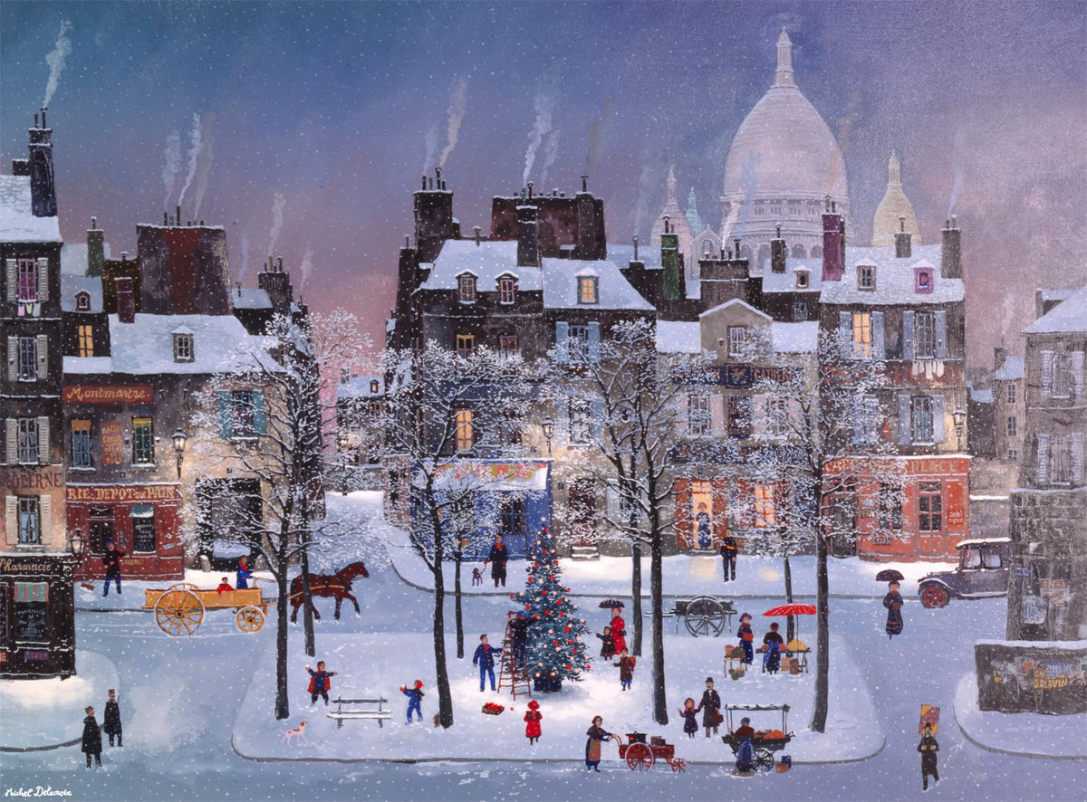 Buffalo Games Michel Delacroix Christmas in Montmartre snowy street puzzle for cozy winter evenings.