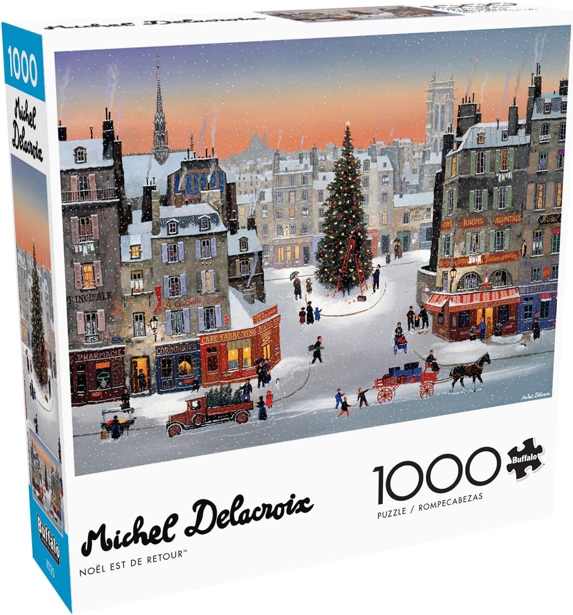 Buffalo Games Noel Is Back puzzle cover featuring Michel Delacroix art for a cozy family night