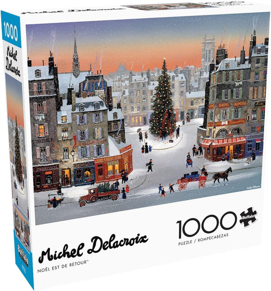 Buffalo Games Noel Is Back puzzle cover featuring Michel Delacroix art for a cozy family night