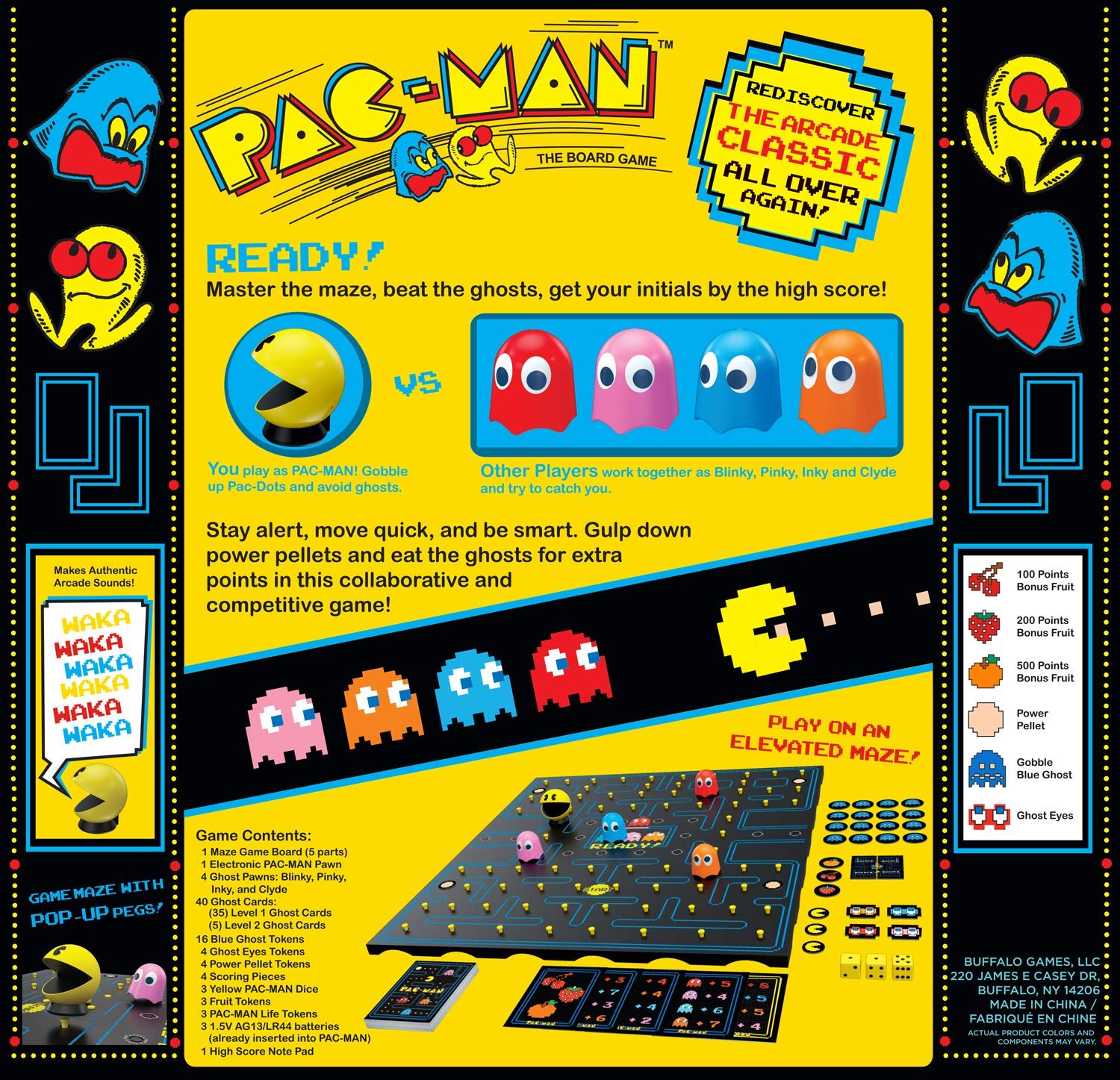 Buffalo Games Pac-Man ghost cards highlighting level variety and strategic twists.