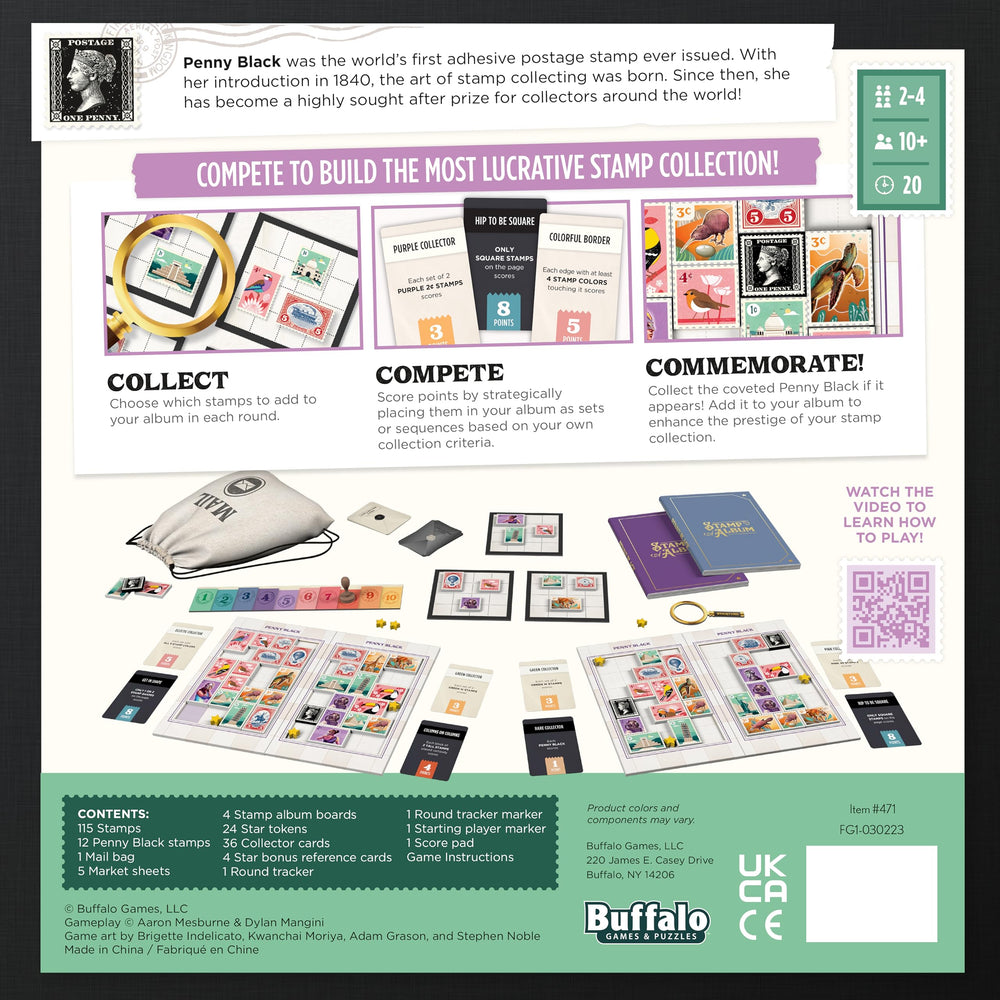 Buffalo Games Penny Black fold-out album open, showcasing heritage stamps for collectors.