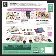 Buffalo Games Penny Black fold-out album open, showcasing heritage stamps for collectors.