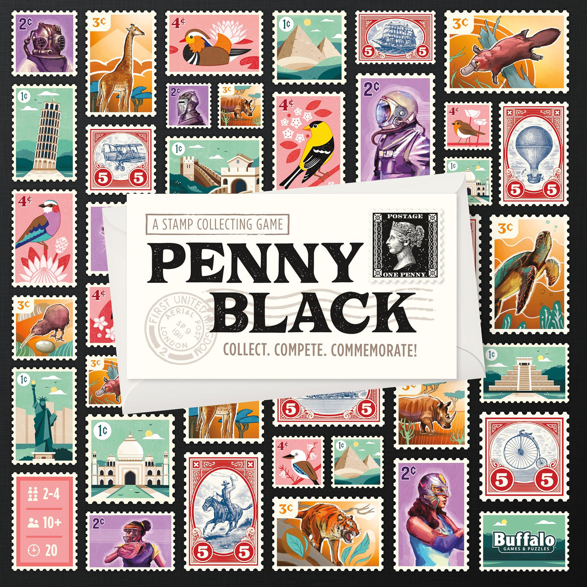 Buffalo Games Penny Black game box with stamp tiles for family night fun.