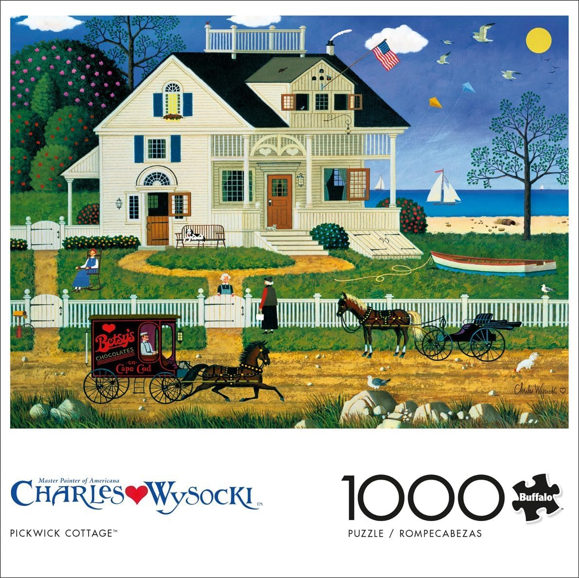 Buffalo Games Pickwick Cottage Betsy's Chocolates carriage scene evokes nostalgia for collectors.