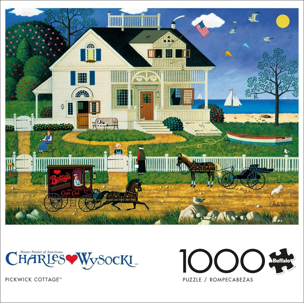Buffalo Games Pickwick Cottage Betsy's Chocolates carriage scene evokes nostalgia for collectors.