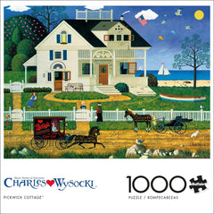 Buffalo Games Pickwick Cottage Betsy's Chocolates carriage scene evokes nostalgia for collectors.
