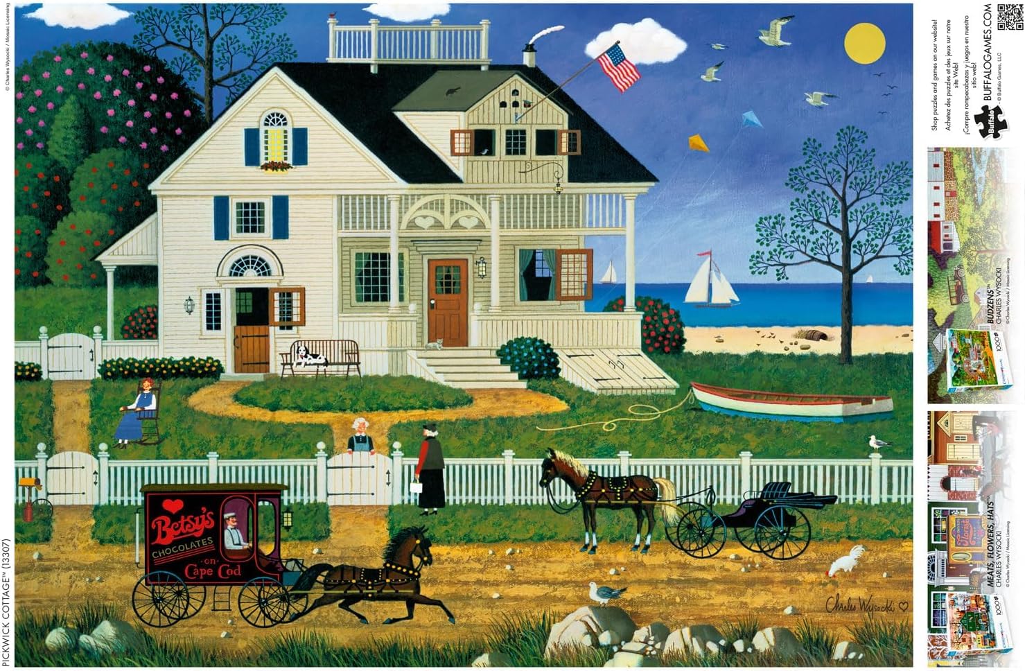 Buffalo Games Pickwick Cottage Cape Cod view highlights Americana charm for shared puzzling.