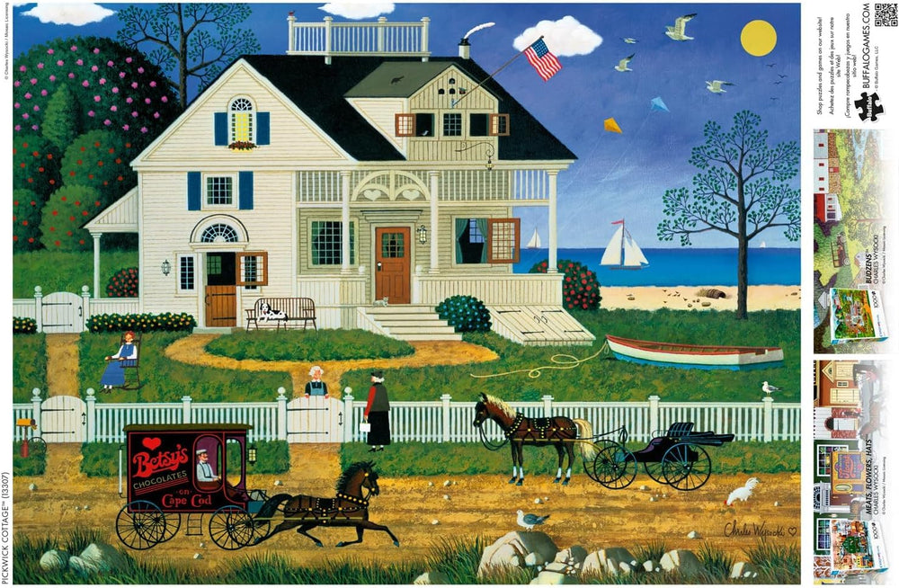 Buffalo Games Pickwick Cottage Cape Cod view highlights Americana charm for shared puzzling.