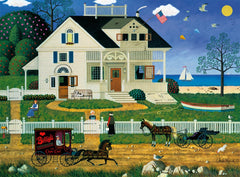 Buffalo Games Pickwick Cottage seascape with seagulls, ideal for family puzzle nights.