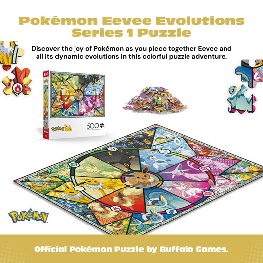 Buffalo Games Eevee Evolutions puzzle close-up pieces highlight vivid color and precision-cut edges.