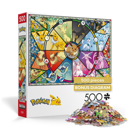 Buffalo Games Pokémon Eevee Evolutions puzzle cover shows all evolutions in a vibrant circular layout.