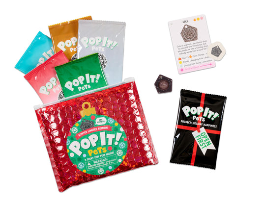 Buffalo Games Pop It Pets Winter present bag with 5 festive pets, ideal stocking stuffer.