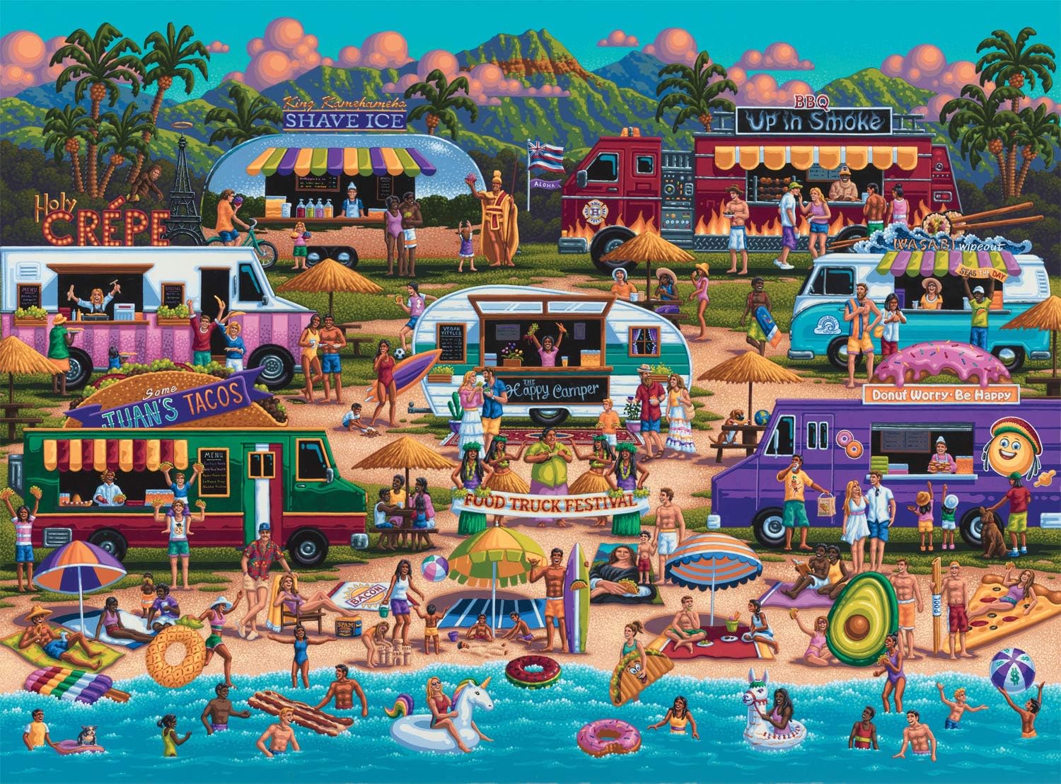 Buffalo Games Pun Fuzzles Hawaiian beach scene puzzle pieces for immersive solving