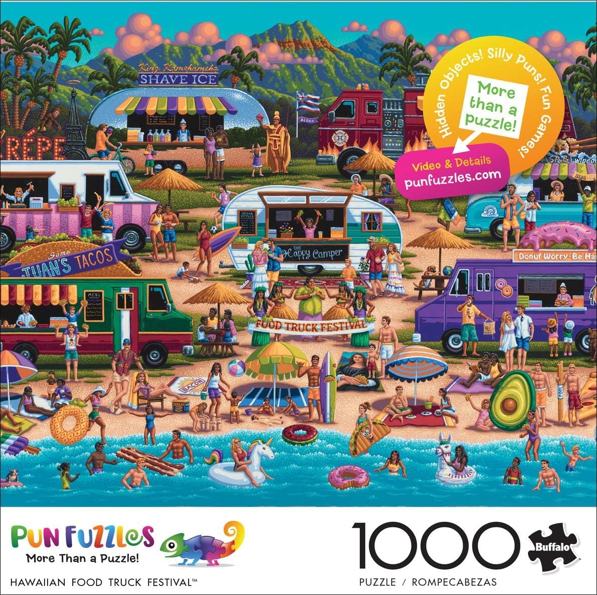 Buffalo Games Pun Fuzzles detailed artwork of food truck festival for engagement