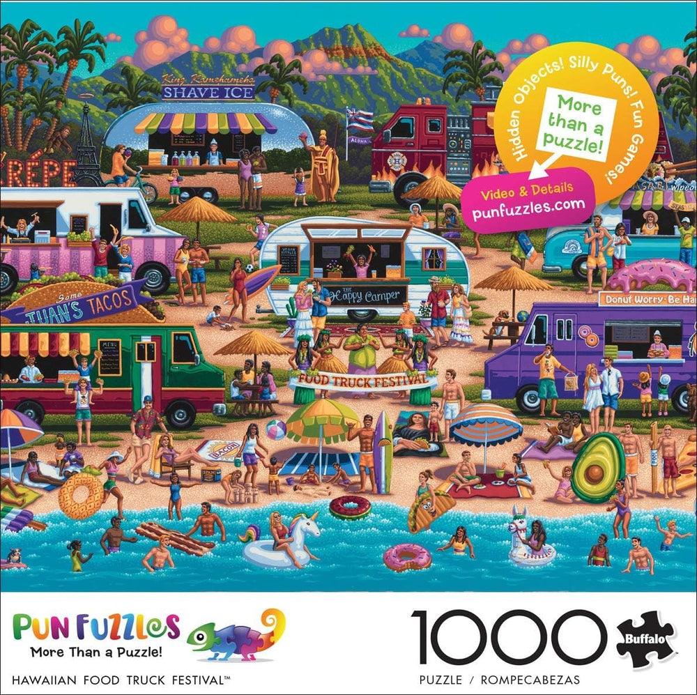 Buffalo Games Pun Fuzzles detailed artwork of food truck festival for engagement