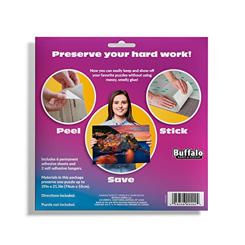 Buffalo Games Puzzle Presto adhesive sheets close-up demonstrating strong, mess-free sticking to finished puzzles.