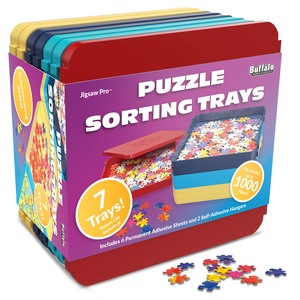 Buffalo Games puzzle sorting trays neatly stacked for compact storage.