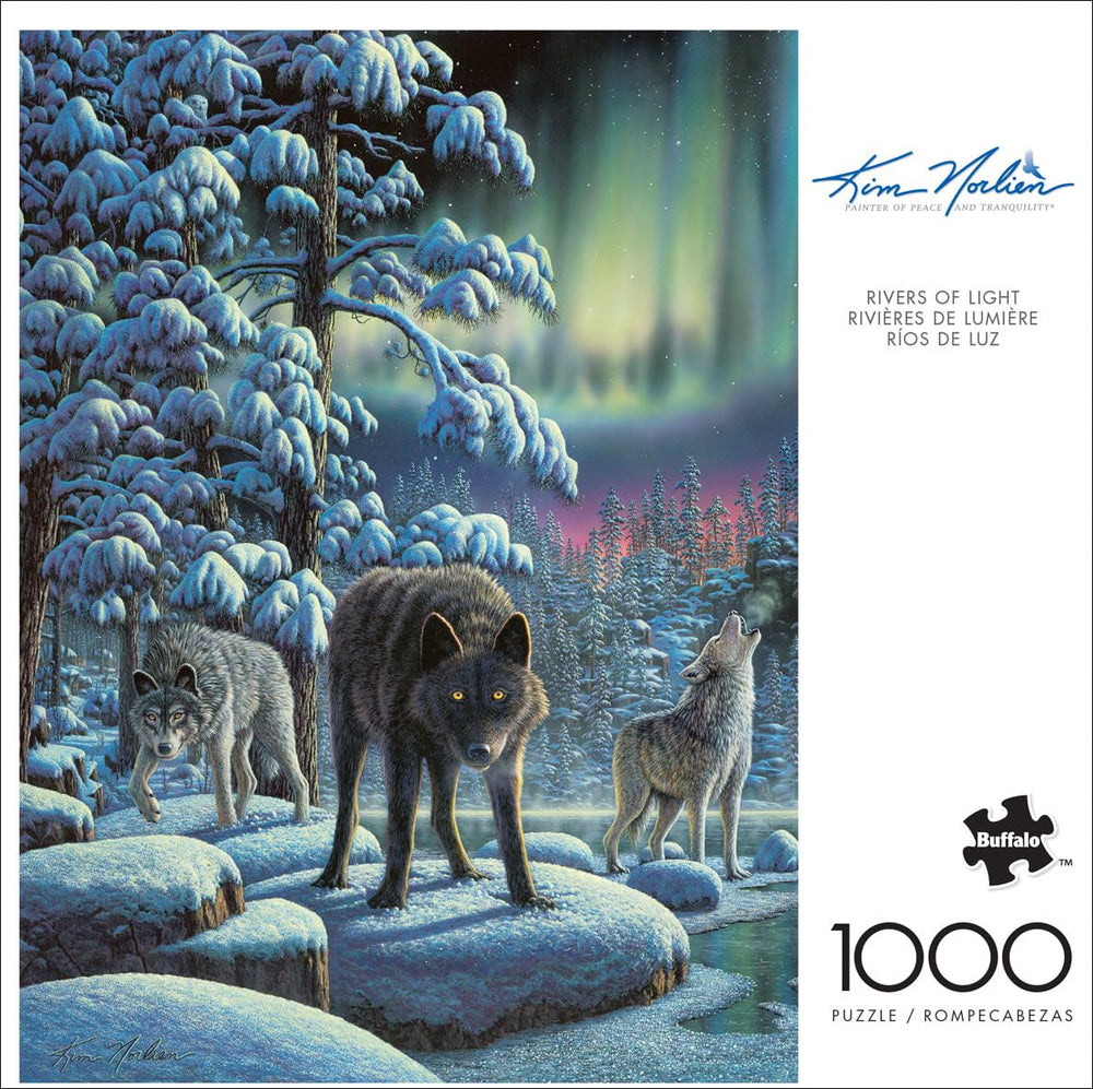 Buffalo Games Rivers of Light: snowy night scene for a calm puzzle experience.