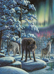 Buffalo Games Rivers of Light: wolves beneath the northern lights, evoking a quiet wintry mood.