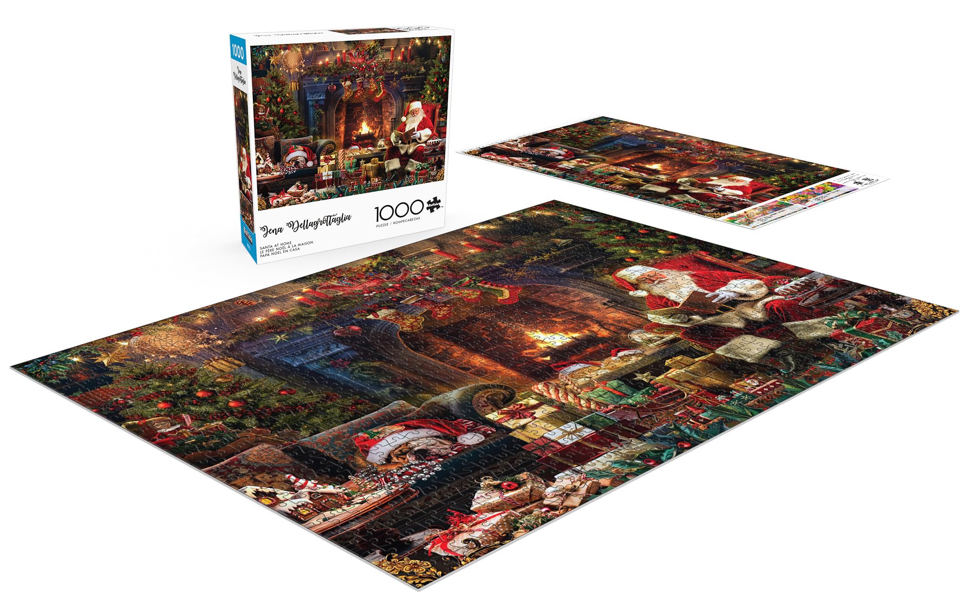 Buffalo Games Santa at Home puzzle with a festive bulldog in the scene.