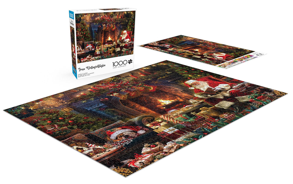 Buffalo Games Santa at Home puzzle with a festive bulldog in the scene.