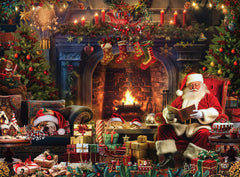 Buffalo Games Santa at Home puzzle shows Santa by a warm fire for family time.