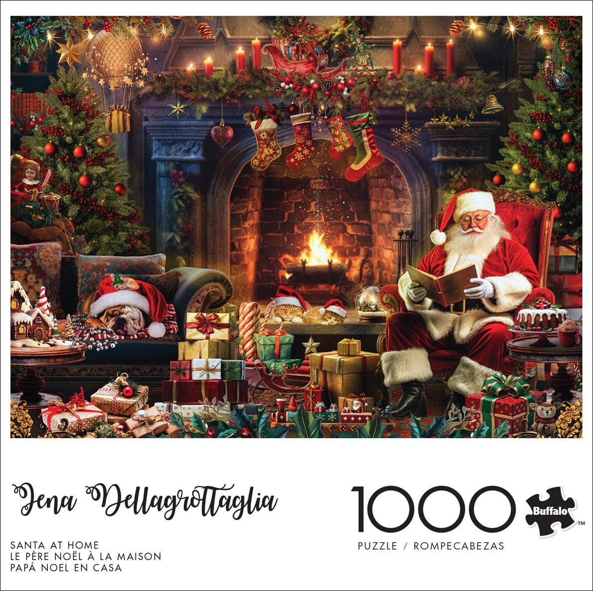 Buffalo Games Santa at Home puzzle with stockings by the fireplace for festive vibes.