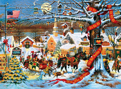 Buffalo Games small-town Christmas artwork close-up with vibrant colors.