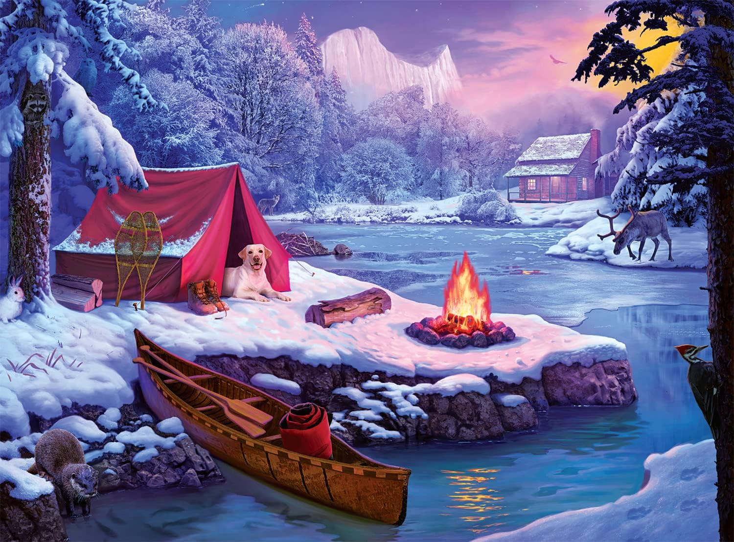 Buffalo Games Snowy Retreat puzzle artwork showing a wintry scene