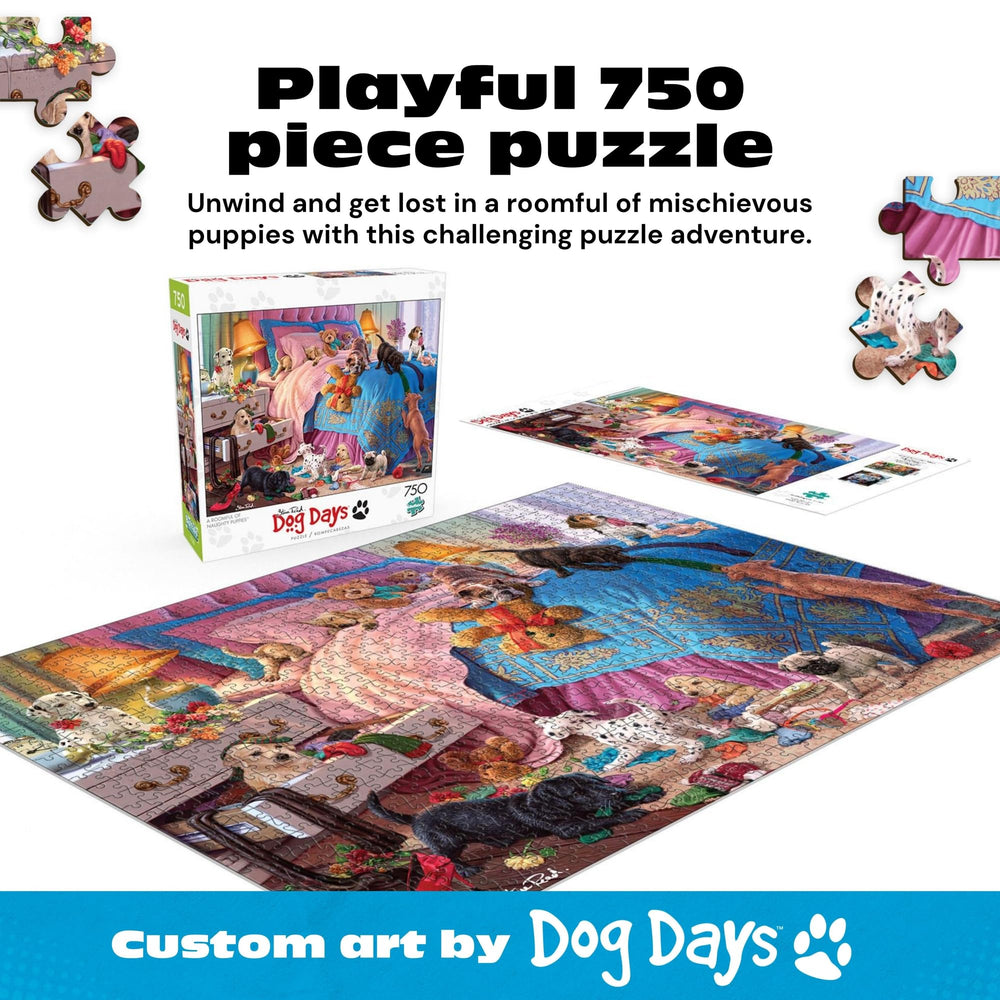 Buffalo Games Naughty Puppies artwork by Steve Read for dog lovers during family puzzle nights.