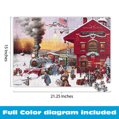 Buffalo Games Whistle Stop Christmas puzzle pieces close-up—precision cuts improve fit and reduce dust.