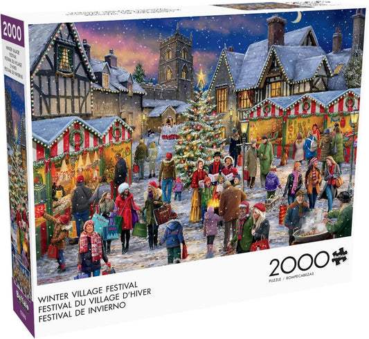 Buffalo Games Winter Village Festival 2000-piece puzzle with carolers in the center square, ideal for cozy family puzzling.