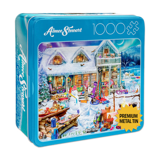 Buffalo Games Winterland Fun 1000-piece puzzle showcases immersive winter scenery for a relaxing evening challenge.