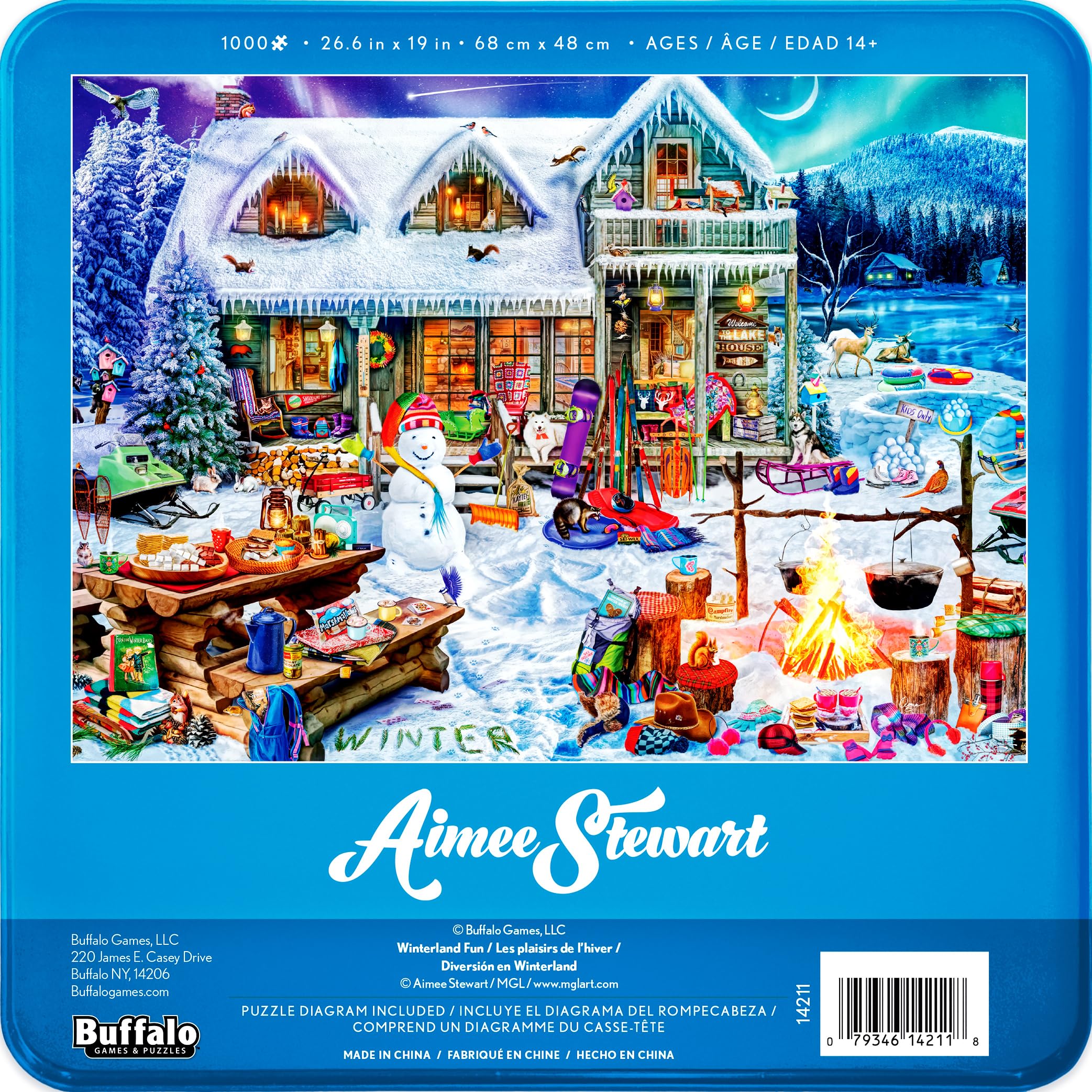 Buffalo Games Winterland Fun puzzle-assembly closeup highlights piece shapes for a smooth fit.
