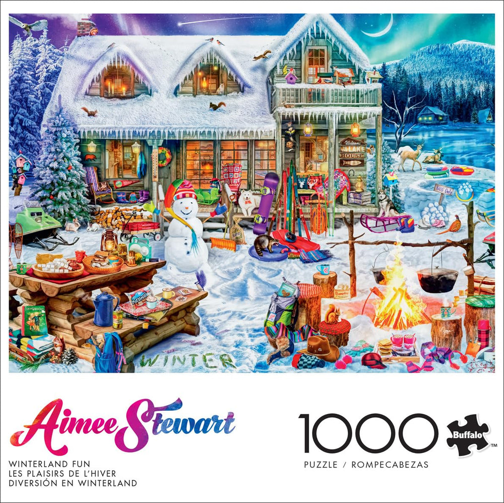 Buffalo Games Winterland Fun puzzle lakeside lodge offering cozy scenery for family evenings.