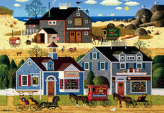 Buffalo Games Wysocki Devilstone Harbor puzzle front cover shows vibrant harbor scene for challenging evenings.