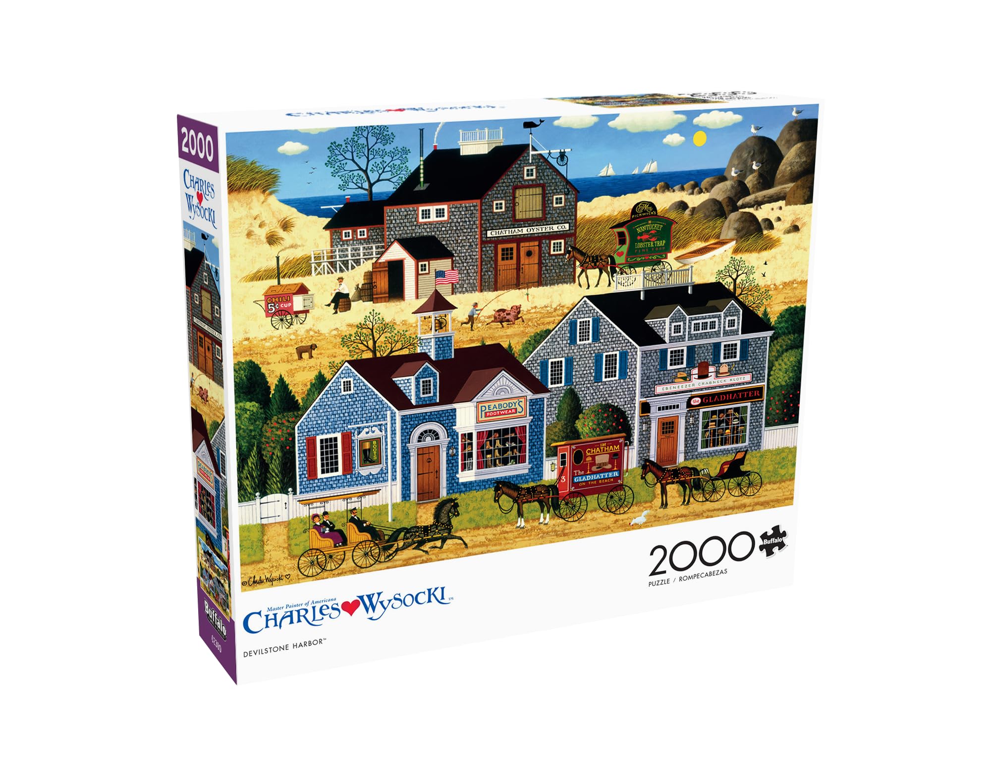 Buffalo Games Wysocki Devilstone Harbor puzzle on table ready for family game night.