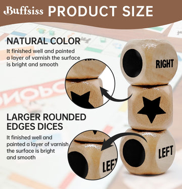Buffsiss drawstring bag with wooden dice for easy transport.