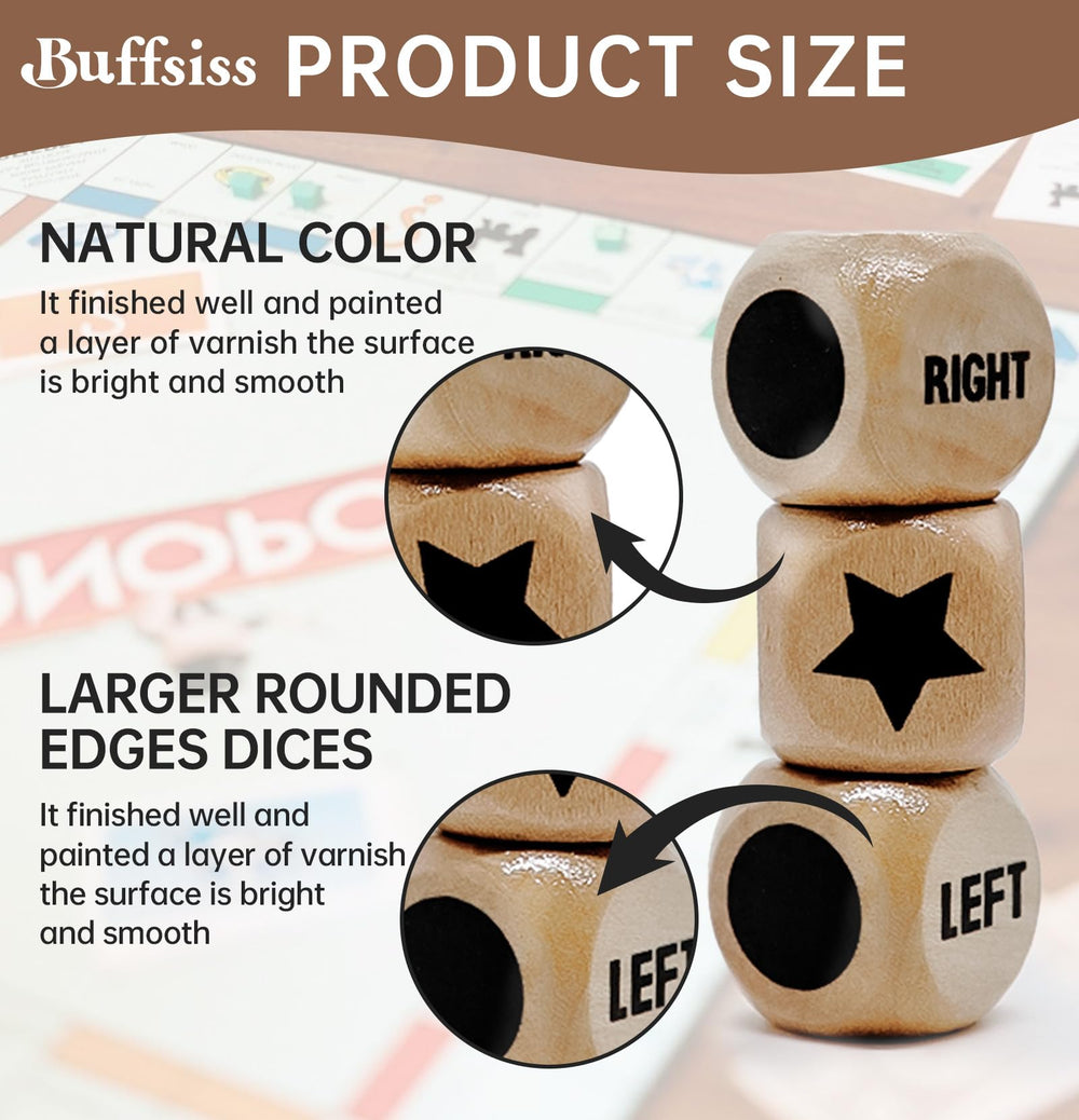 Buffsiss drawstring bag with wooden dice for easy transport.