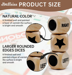 Buffsiss drawstring bag with wooden dice for easy transport.